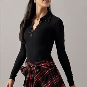 Francesca's Black Beaded Embellished Collar Bodysuit Long Sleeve Collared Ribbed